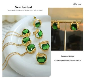 Detailed view of emerald crystal jewelry set with gold necklace and square earrings