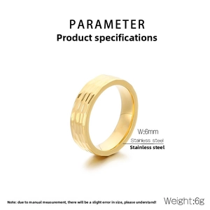 Detailed view of 6mm golden stainless steel ring with hammered texture and parameters