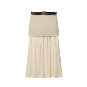 Beige midi skirt with layered design and brown belt featuring a gold buckle