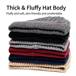 Thick ribbed knit beanie hats for men available in multiple neutral colors