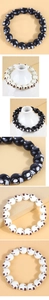 Detailed split view of black and white skull charm bracelets with smooth resin beads