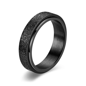 Detailed side view of black stainless steel spinner ring with matte sandy finish