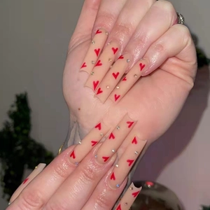 Unghie Finte Lunghe A Bara Motivo Cuore Rosso Strass Rosa Nude Plastica ABS Unghie Finte Rimovibili Per Donne