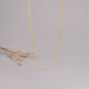 Close-up of minimalist 18K gold stainless steel rice bead necklace with dry plant decor