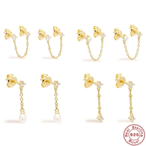 Minimalist Tassel Chain Earrings With 925 Sterling Silver Earring Post Zirconia Artificial Pearl Dangle For Women Elegant Jewelry