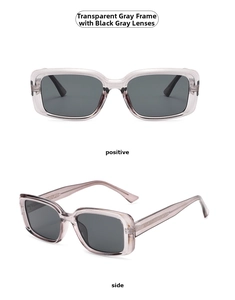 Detail view of rectangular transparent grey frame sunglasses with dark grey lenses