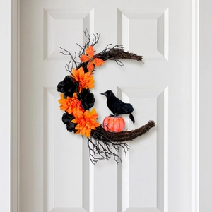 Couronne de Lune d'Halloween Avec Corbeau Noir Citrouille Orange Fleurs Artificielles Anneau de Vigne Guirlande de Porte