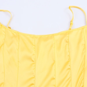 Elegant yellow satin camisole maxi dress with adjustable straps and slimming bone seams