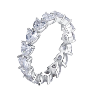 Sparkling S925 silver eternity ring with heart-cut stones and triple-prong setting
