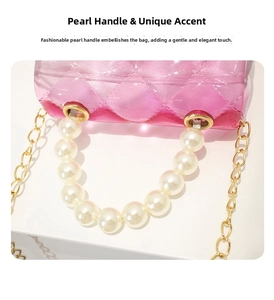 Detail of pink jelly bag showing faux pearl handle and quilted texture finish