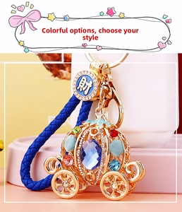 Detailed macro view of a gold pumpkin carriage keychain with colorful rhinestones