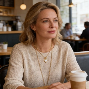 Collier double rang en titane doré avec pendentif cœur en nacre blanche porté par un mannequin