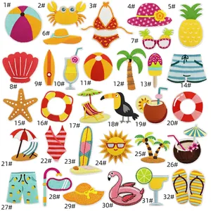Macro detail of high-density colorful summer beach theme embroidery patches with flat edges
