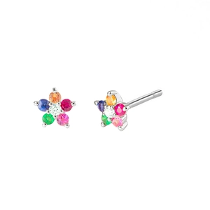 Detailed close-up of silver stud earrings featuring colorful zircon flower petals on white background