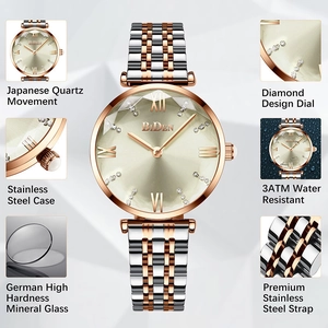 Detailed view of fashion quartz watch with champagne dial and faceted glass lens