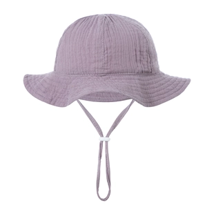 Light purple cotton gauze sun hat for babies with adjustable drawstring and wavy brim