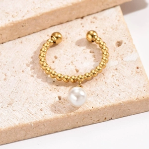 French vintage gold beaded adjustable ring with a large white pearl pendant