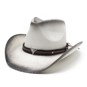Western straw cowboy hat with gradient spray paint and vintage bull head metal ornament