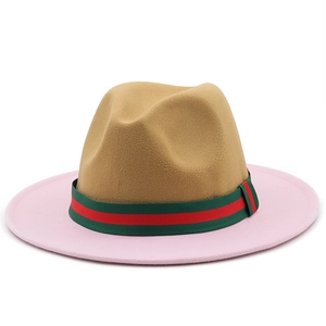 Classic wool felt fedora hat in camel and pink two-tone design with striped ribbon band