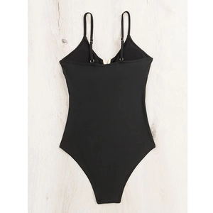 Flat lay view of a black one-piece swimsuit with spaghetti straps and a deep V-neckline