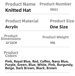 Detailed specifications chart for acrylic knit beanie showing size weight and color options
