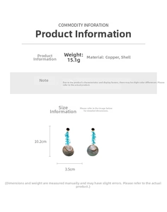 Size chart showing 10.2cm length bamboo style shell earrings with turquoise stone beads