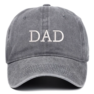 Close-up of white DAD embroidery on dark grey washed cotton vintage baseball cap