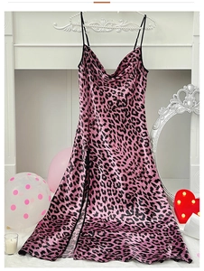 Pink leopard print silk nightgown with cowl neck and side slit on pearl hanger