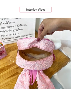 Detail view of pink sequin toddler backpack showing interior space and zipper closure