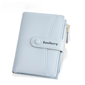 Light blue Baellerry women's folding wallet with snap closure and zipper pocket