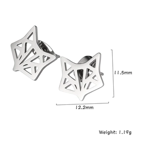 Macro detail of fox shaped cutout earrings showing dimensions 11.5mm and weight 1.19g