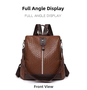 Detailed front view of brown woven texture PU leather backpack with silver zipper accents