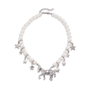 Faux pearl necklace with silver star charms and central running horse pendant