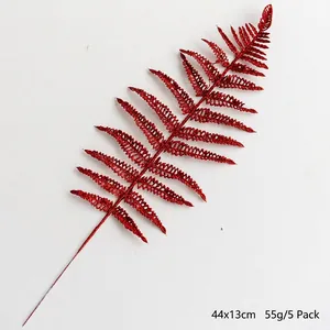 5pcs Christmas red glitter hollow fern leaves for tree decoration, 44x13cm artificial stems