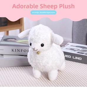 Close-up of white plush sheep toy with golden bell on soft woven mat in home setting