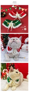 Detail of handmade crochet Christmas cat collar with festive charms and white fur trim