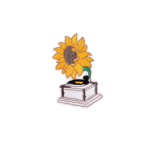 Artistic sunflower gramophone embroidery patch with vibrant yellow and green stitching