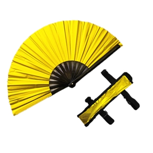 Detail view of yellow PVC laser martial arts fan with a protective black storage sleeve