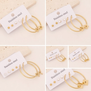 Golden Stainless Steel Hoop And Stud Earrings Heart Star Cross Flower Rhinestone Charms For Women Individual Trendy Style