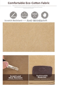 Detailed close-up of scratch-resistant khaki canvas fabric with a leather logo patch