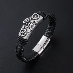 Men's leather woven bracelet with vintage motorcycle metal plate and magnetic clasp