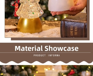 Detail view of the transparent Christmas tree ornament with a golden base and snow globe lighting