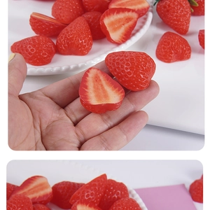 Macro shot of realistic PVC strawberry slices with detailed texture for DIY cake decor