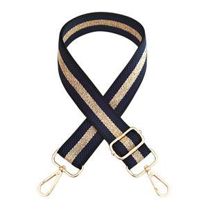 Detail of adjustable blue and champagne gold striped woven strap with gold metal hooks