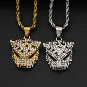 Ciondoli a testa di leopardo hip hop oro e argento con strass scintillanti su catene a corda