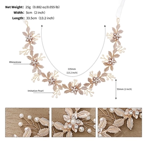 Detail of bridal hairband with golden leaves, pearls and rhinestones measuring 33.5cm long