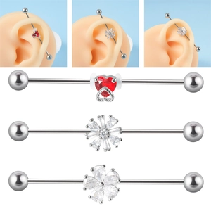 Stainless Steel Industrial Barbell Earrings With Zircon Heart And Flower Shapes Piercing Body Jewelry Sweet Style For Unisex