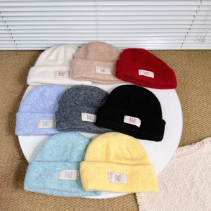 Kids Wool Blend Double Layer Knit Beanie Hat Winter Warm Candy Color Letter Label Patch Soft Skull Cap For Boys Girls