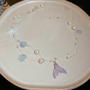 Double-layered shell fishtail pearl necklace with colorful ocean charms for women