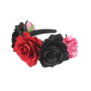 Halloween Mexican party headband with red, black, and pink fabric rose flowers